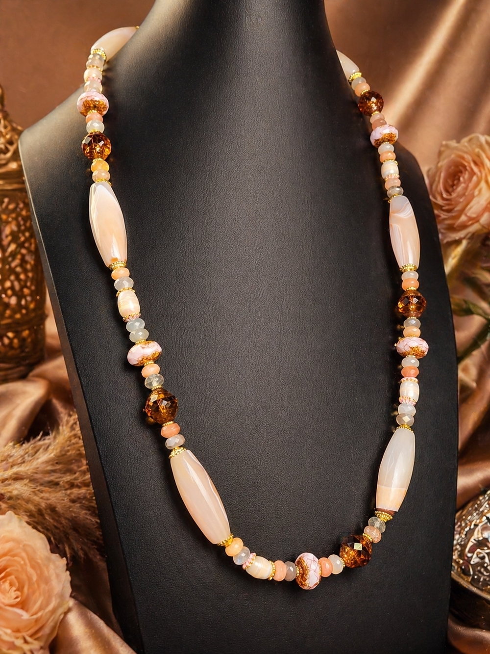 Trinkets Artisan Banded Agate Sunstone Freshwater Pearl Czech Glass Necklace